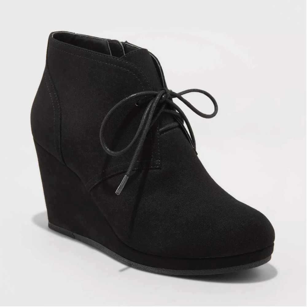 Classic Black Suede Wedged Booties with laces